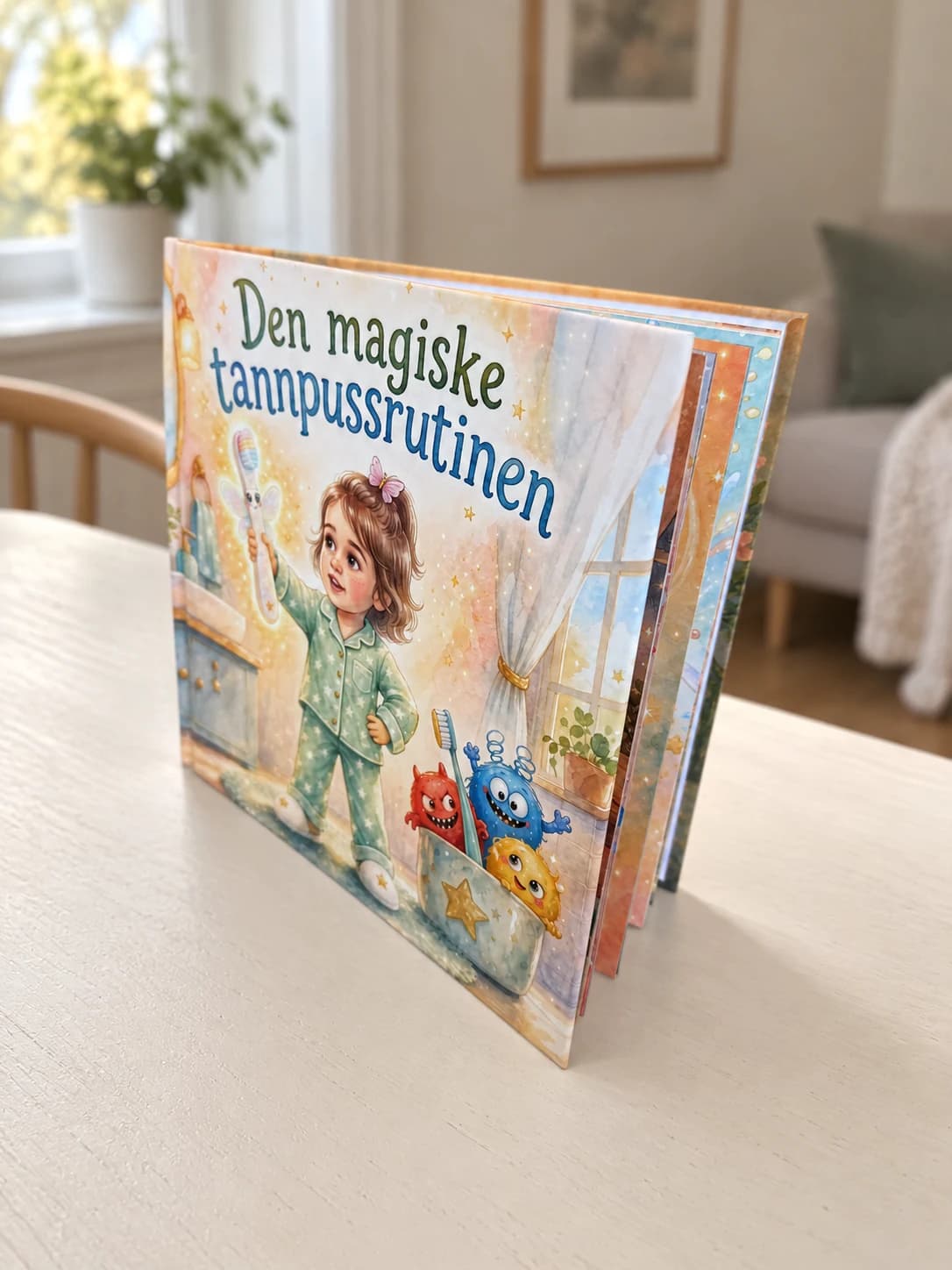 Produktvisualisering av Den magiske tannpussrutinen som innbundet bok på et bord