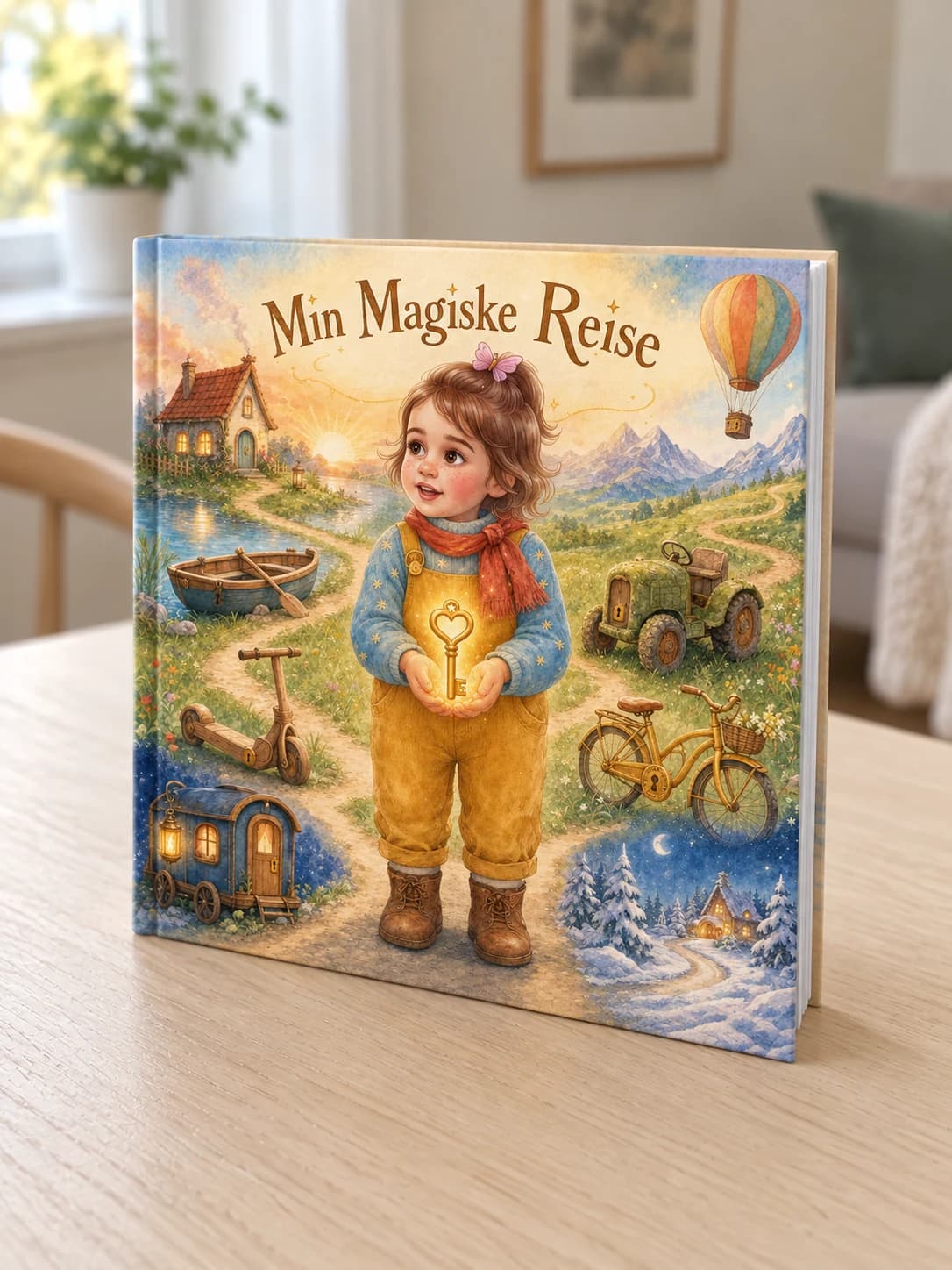 Produktvisualisering av Min magiske reise som innbundet bok på et bord