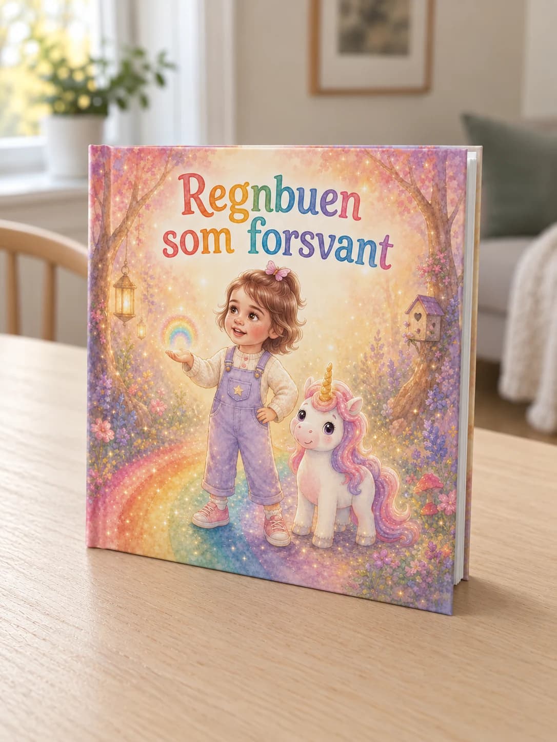 Produktvisualisering av Regnbuen som forsvant som innbundet bok på et bord