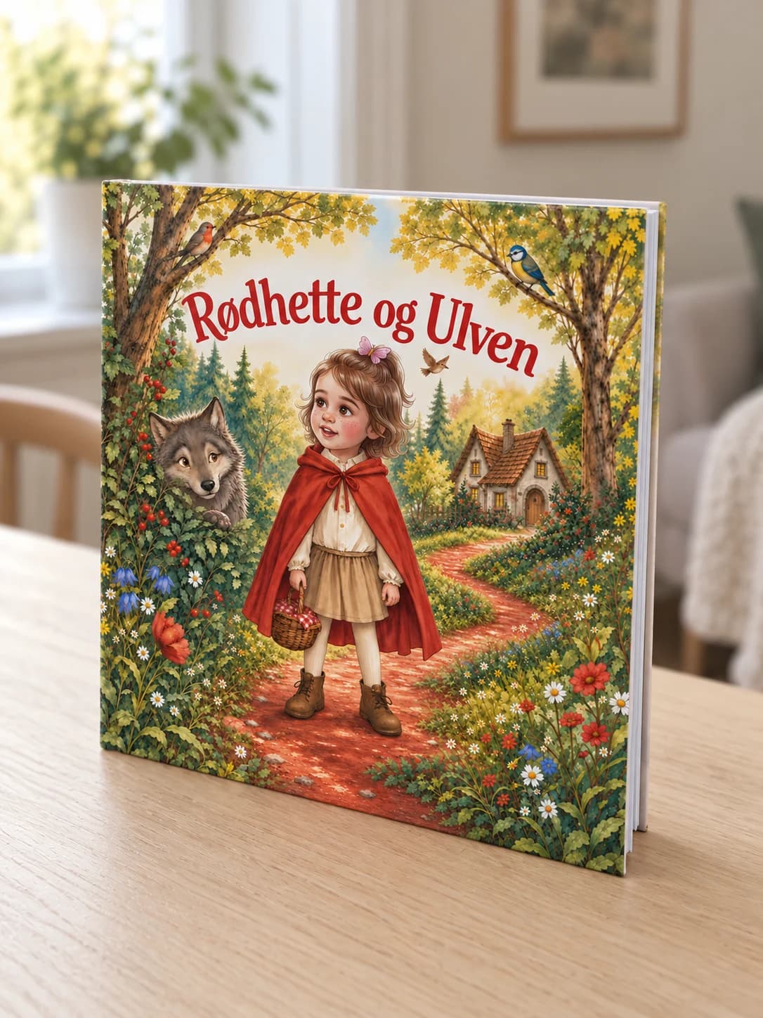 Produktvisualisering av Rødhette og ulven som innbundet bok på et bord